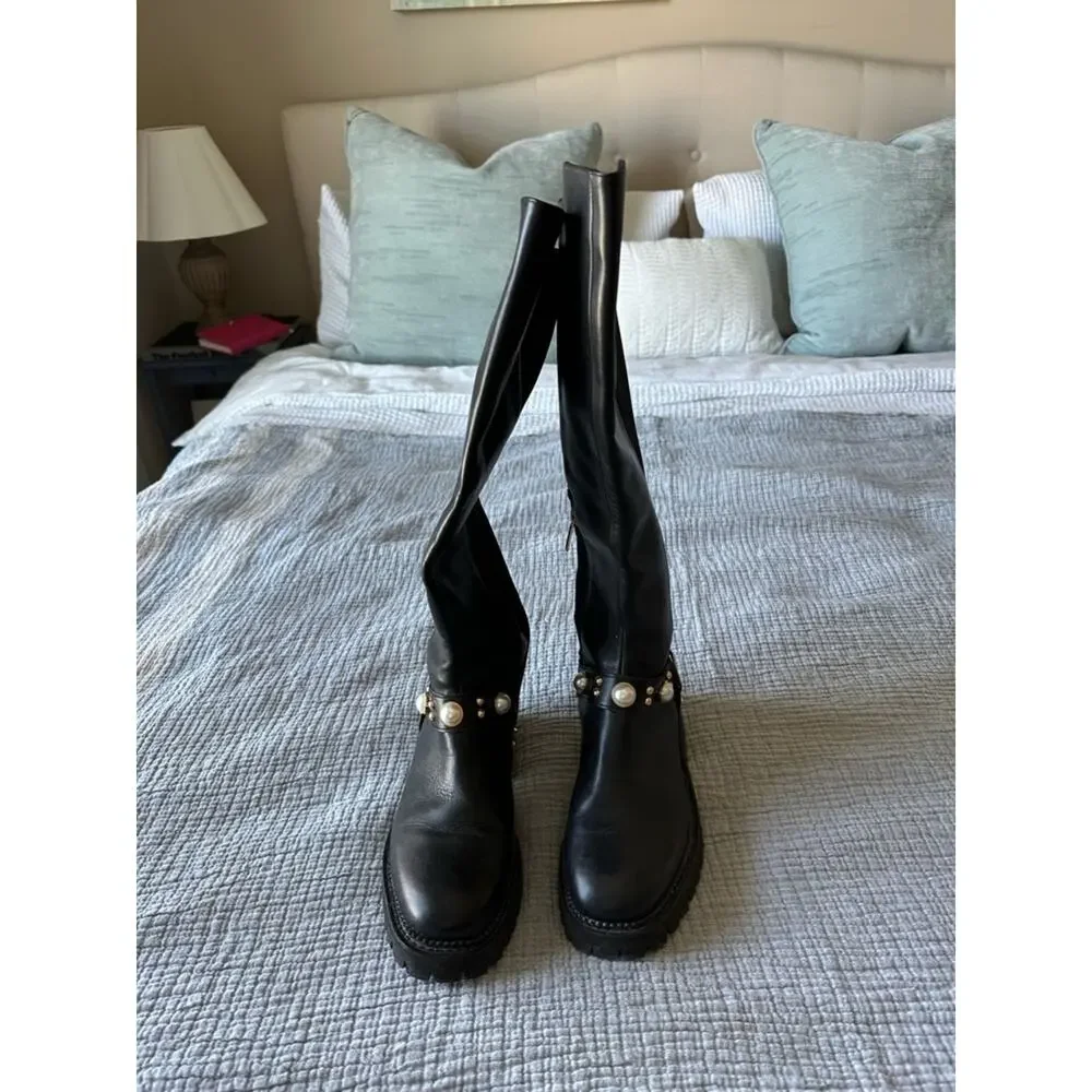 Karl Lagerfeld Paris Knee High Boots Black Leather Studded Pearl Womens 7.5 Lug